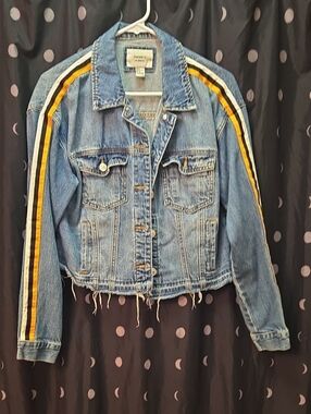 Forever 21 Blue Denim Jacket with Yellow and Black Sleeve Stripes